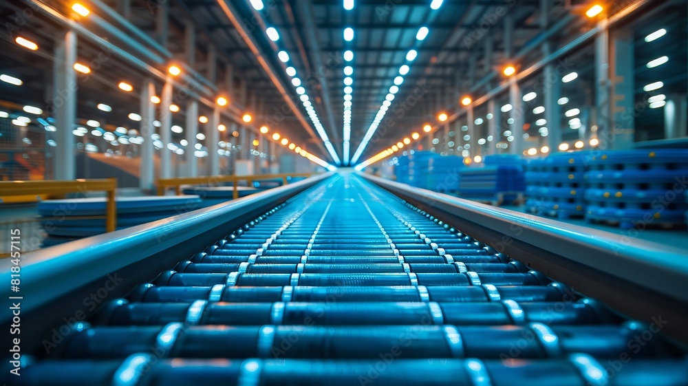 Efficient conveyor belts transport goods under soft blue and white lights Efficient conveyor belts transport goods under soft blue and white lights