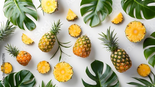 A flat lay composition of pineapples and tropical leaves on a white background, showcasing the juicy fruit's texture and natural beauty.
 photo