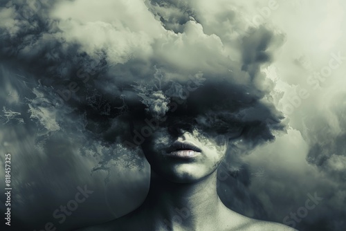 Graphic of a human head opening like a lid  with dark clouds emerging  representing the release of anxious thoughts for advertisement