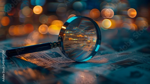 A magnifying glass over newspaper clippings, reflecting the city lights in its surface, symbolizing search and discovery.
 photo