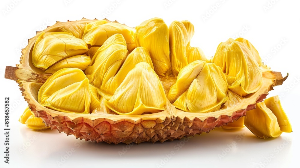 A halved jackfruit displaying its vibrant yellow, juicy pods against a clean white background, showcasing the intricate textured exterior. A halved jackfruit displaying its vibrant yellow, juicy pods against a clean white background, showcasing the intricate textured exterior.