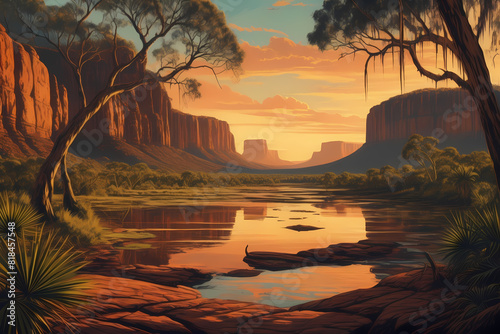 Transport yourself back with an old illustration showcasing the captivating landscape of the Top End of Australia, capturing its rugged beauty and timeless allure © OzCam