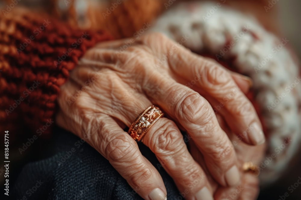 Fototapeta premium Elderly woman’s hands expressing life’s journey with timeless jewelry pieces.