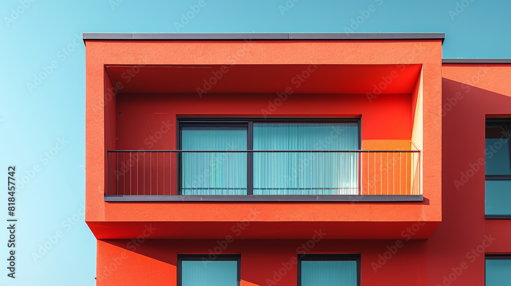 Modern architecture, a minimalistic red and white facade against blue skies.