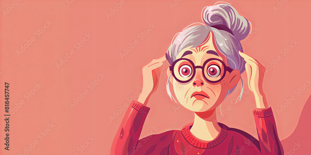 Colorful caricature of a surprised old woman with big glasses, hand on head. Colorful caricature of a surprised old woman with big glasses, hand on head.