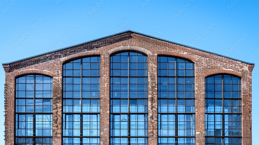 An old industrial building with large windows, set against the backdrop of Berlin's historic architecture. The brick facade is adorned with arched.
