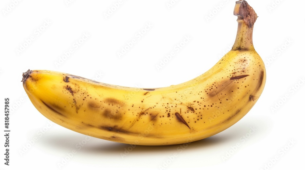 A ripe, slightly bruised banana isolated on a white background, showcasing its bright yellow peel with brown spots. A ripe, slightly bruised banana isolated on a white background, showcasing its bright yellow peel with brown spots.
