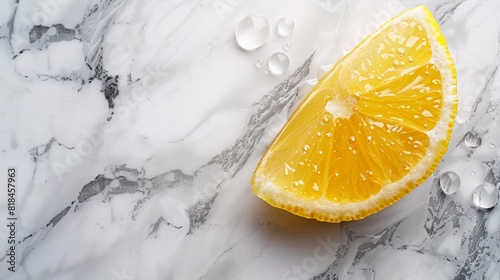A fresh lemon wedge with water droplets on a marble surface, capturing its vibrant yellow color and juicy texture.
