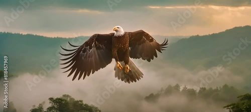 A majestic eagle in mid-flight, wings spread wide, soaring above a lush forest bathed in the golden hues of sunset photo