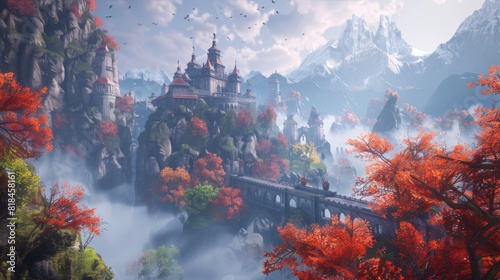 Mystical castle perched on a foggy mountain surrounded by vibrant autumnal forest and towering snow-capped peaks under a serene sky.