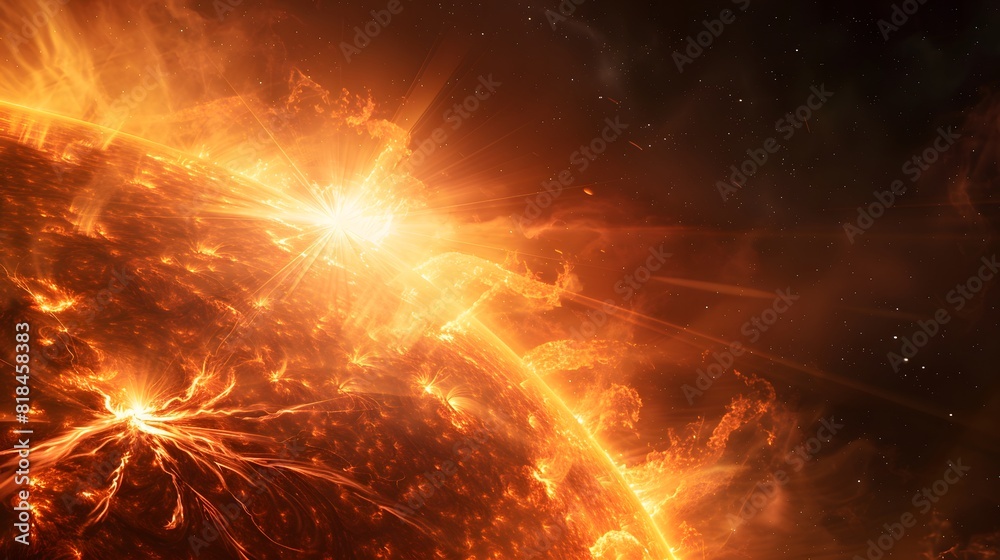 Obraz premium A powerful solar flare erupting from the surface of The Sun, with bright flames and energy emanating outwards into space against a black background. 