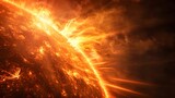 A powerful solar flare erupting from the surface of The Sun, with bright flames and energy emanating outwards into space against a black background.

