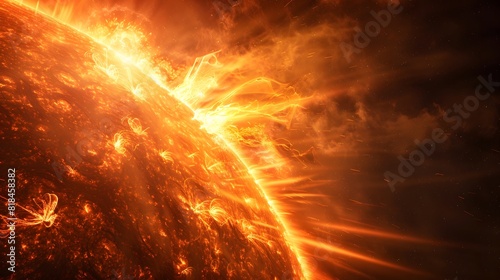 A powerful solar flare erupting from the surface of The Sun, with bright flames and energy emanating outwards into space against a black background. 