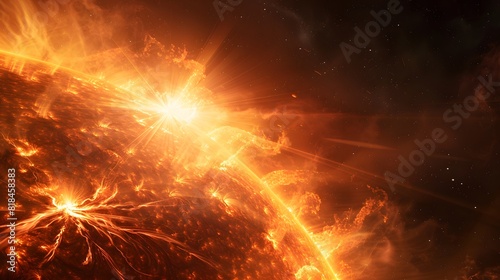 A powerful solar flare erupting from the surface of The Sun, with bright flames and energy emanating outwards into space against a black background. 