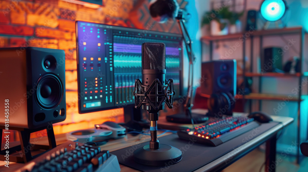 a high-tech podcast studio setup with a studio-grade microphone, an intricate audio mixer, a responsive keyboard, and two clear monitors, creating the ultimate environment for audio recording. a high-tech podcast studio setup with a studio-grade microphone, an intricate audio mixer, a responsive keyboard, and two clear monitors, creating the ultimate environment for audio recording.