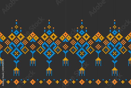 Pixel ethnic pattern, Vector embroidery pattern background, Geometric traditional triangle style, Blue and orange pattern knitting vintage, Design for textile, fabric, batik, kaftan, fibres