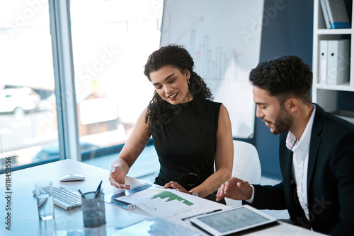 Data analysis, woman and man with tablet, report or budget review statistics for business growth. Proposal, planning and teamwork in sales development, consultant and financial advisor in partnership