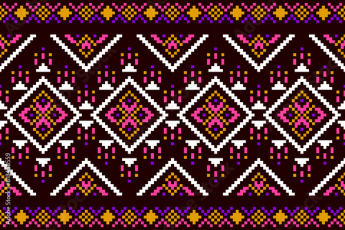 Pixel ethnic pattern, Vector embroidery pattern background, Geometric traditional triangle style, Blue and orange pattern knitting vintage, Design for textile, fabric, batik, kaftan, fibres
