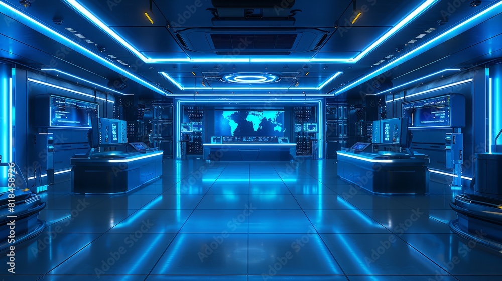 Futuristic sci-fi corridor with glowing blue circular portals and high-tech machinery Futuristic sci-fi corridor with glowing blue circular portals and high-tech machinery
