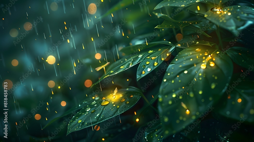 A serene night scene with twinkling fireflies illuminating the raindrops falling on lush green leaves,  tranquility and nature's beauty.
