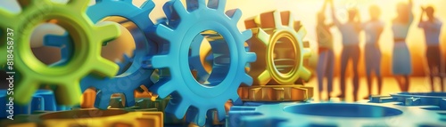 Group of professionals high-fiving in front of a large gear, representing team spirit and achievement, modern flat design, bold colors, clean lines