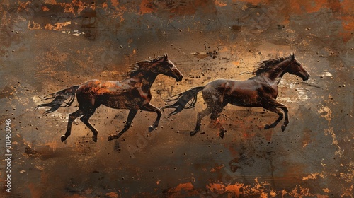 abstract metal textured background with galloping horses dynamic animal silhouettes decorative wall art digital illustration