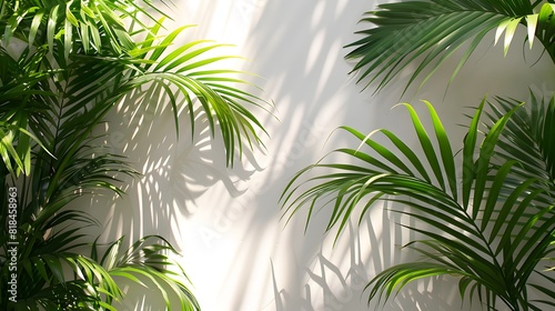 A white wall with palm leaves and shadow in the background  creating an elegant and minimalist backdrop for product display or presentation. 