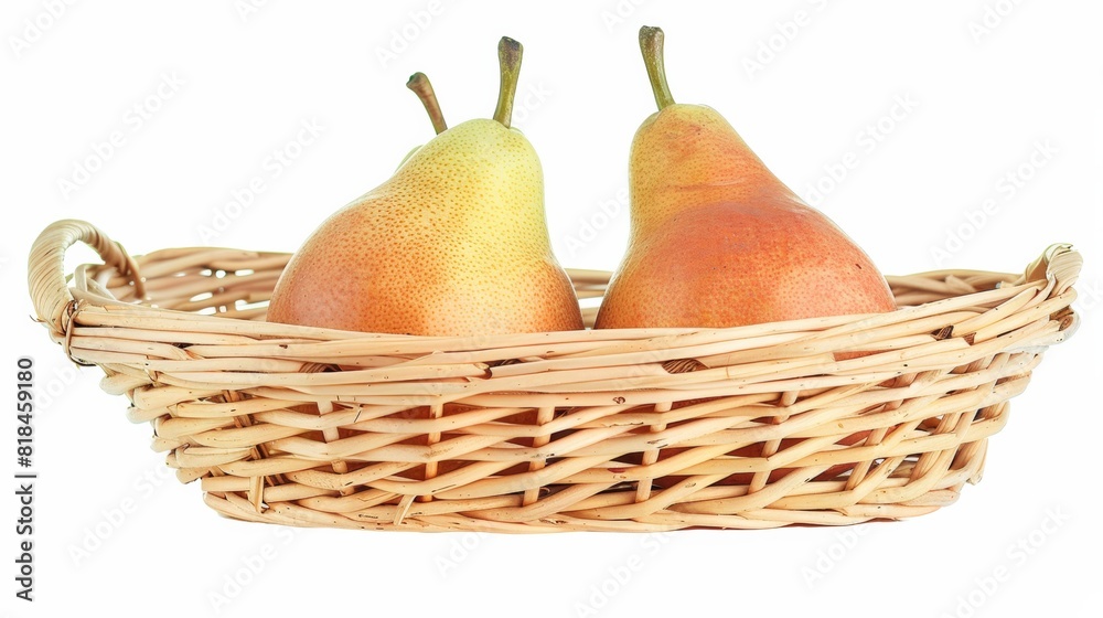 Two ripe pears in a woven wicker basket against a white background, showcasing a simple and natural presentation. Two ripe pears in a woven wicker basket against a white background, showcasing a simple and natural presentation.