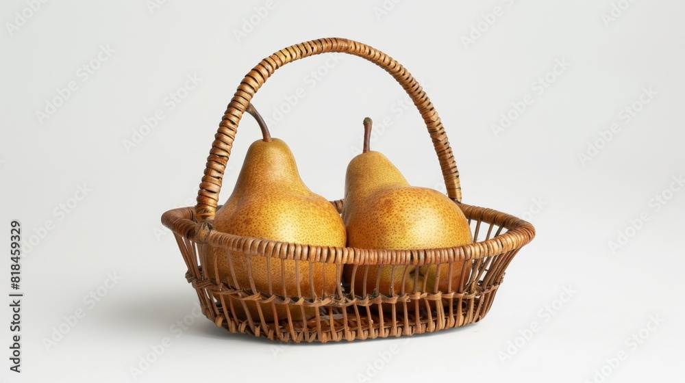 A wicker basket containing three ripe pears, arranged against a plain white background. Simple and rustic fruit still life.