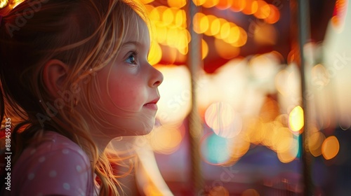 A smiling little girl gazes up at the ferris wheel with wonder, her nose twitching with excitement. Cheeks flushed with joy, eyelashes fluttering. The carnival is a fun event full of entertainment photo