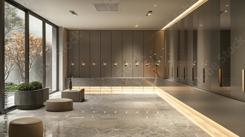 Contemporary space with a row of grey lockers under subdued lighting