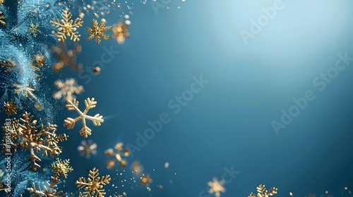 Blue background with golden snowflakes falling in the upper left corner, creating an elegant and festive atmosphere for Christmas or New Year. 