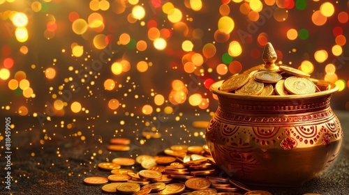 auspicious akshaya tritiya celebration with ornate pot overflowing with golden coins traditional indian background
