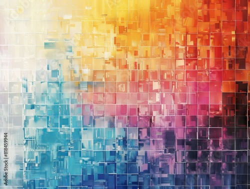 Abstract colorful geometric mosaic background with vibrant blue, orange, and purple hues creating a dynamic and artistic visual effect.