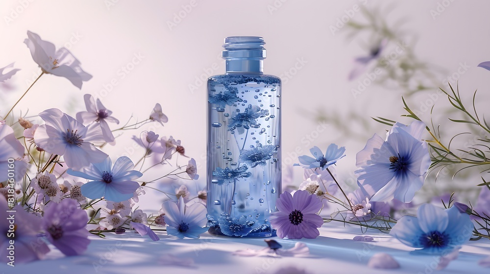 Glass bottle of blue colored body oil with wild flowers around it, white and light purple background, studio lighting.
Glass bottle of blue colored body oil with wild flowers around it, white and light purple background, studio lighting.