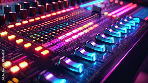 A colorful and vibrant electronic keyboard with a blue and purple hue. The keyboard is a mix of different colors and has a futuristic look to it