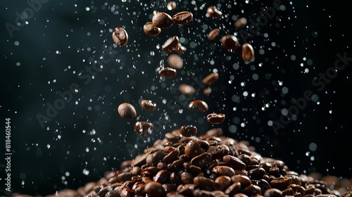 cascading coffee beans cluster pouring onto mound with water droplets dark background food photography photo