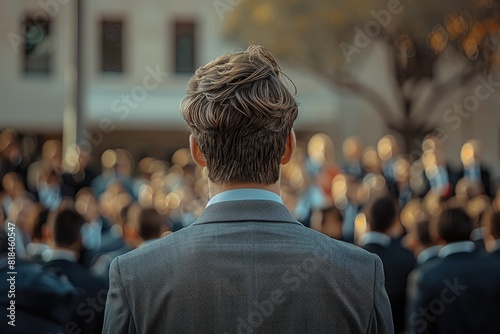 A man in a suit stands in front of a crowd of people. He is looking up at the camera