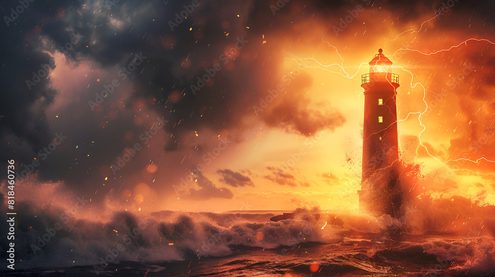lighthouse in the sea at sunset, lightning bolt, natural calamity, thunderstorm