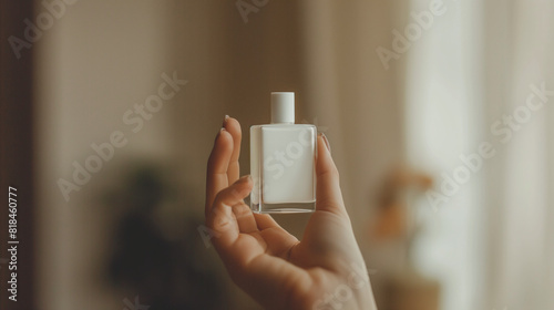 a person's hand is holding an empty white perfume bottle, Ai Generated Images