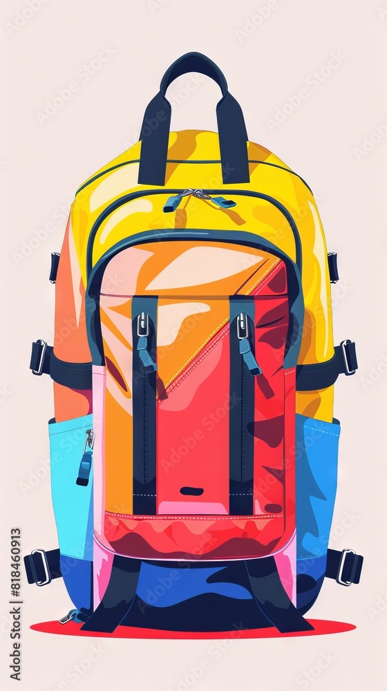 Fototapeta premium Colorful modern backpack with multiple compartments and zippers, perfect for travel, school, or outdoor activities. Lightweight and durable design.