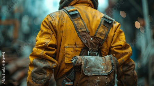 Back view of a young tradesman ready for work with safety gloves
