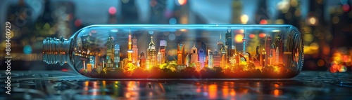 Abstract Cityscape in a Bottle Imagine a miniature cityscape made of colorful glass buildings contained within a glass bottle Light filters through the bottle photo