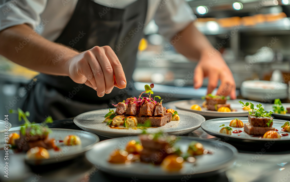 The chef's hands are seen carefully arranging garnishes on a beautifully