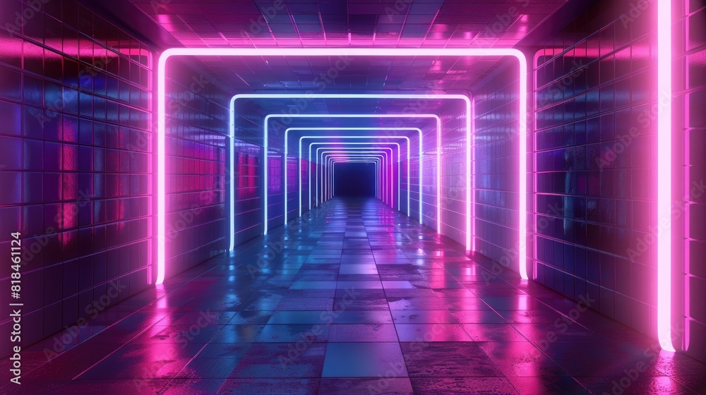 A neon colored tunnel with a pink and blue glow. The tunnel is long and narrow, and the walls are made of bricks