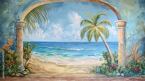 colorful seaside mural with palm tree and arch windows tropical coastal landscape painting