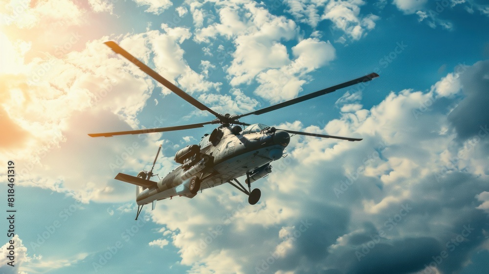A helicopter is flying in the sky with clouds in the background A helicopter is flying in the sky with clouds in the background