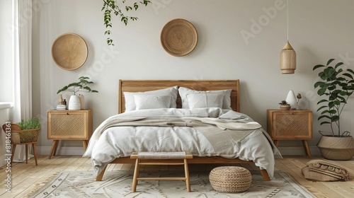 cozy contemporary bedroom with natural wooden furniture and inviting bedding 3d rendering photo