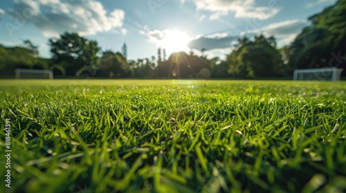 A soccer field with a bright sun shining on the grass. The field is empty and the grass is lush and green