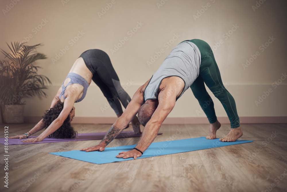 People, yoga or class for downward dog pose for health, wellness or body flexibility for practice routine. Mat, male yogi or woman in pilates session for meditation, wellbeing or posture in studio